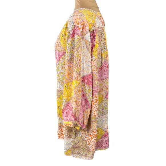 New Rose & Olive Size 1X Tunic Blouse Top Pink Yellow Patchwork V-Neck - Picture 2 of 9